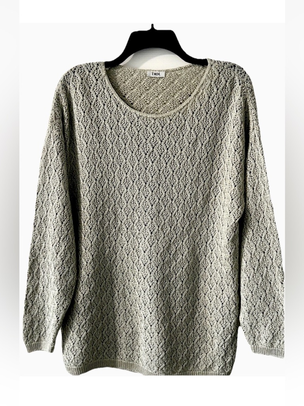 VTG T.W.H. Sweater Light Olive Green Cable Knit Pointelle Cotton Blend L/XL
